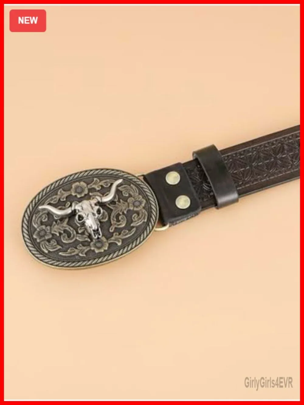 Vintage Western PU Leather Belt Oval Metal Buckle Floral Carved